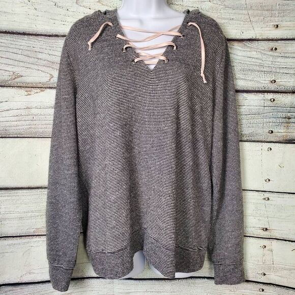 Maurices Women’s Lace-Up Hoodie Sweater Gray Striped Long Sleeve Size 0x - Picture 1 of 12